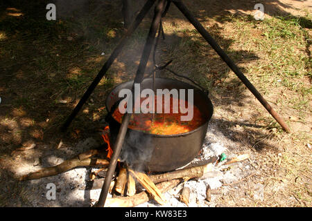 Kochen Eintopf im Freien in großen Wasserkocher hängen über Feuer Stockfoto