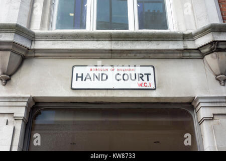 Hand Gericht Straße Name Zeichen, Stadtteil Holborn, London, UK Stockfoto