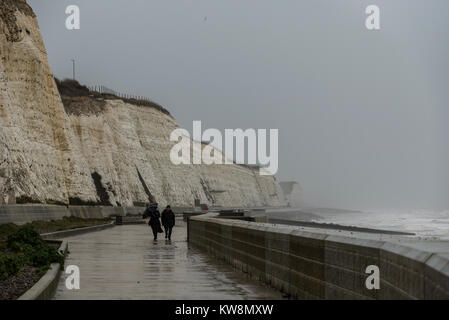 Brighton, East Sussex. 31. Dezember 2017. UK Wetter. Grauer Himmel, starker Wind, Wellen und Zeiträume der sintflutartigen Regenfälle in Brighton am letzten Tag der 2017. Credit: Francesca Moore/Alamy leben Nachrichten Stockfoto