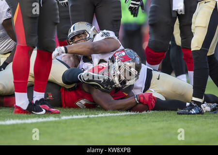 Tampa Bay, Florida, USA. 31 Dez, 2017. Dezember 31, 2017 - Tampa Bay Buccaneers zurück laufen Peyton Friseur (25) stürmt in für einen Touchdown gegen die New Orleans Saints bei Raymond James Stadion am Sonntag, den 31. Dezember in Tampa, Florida 2017. Credit: Travis Pendergrass/ZUMA Draht/Alamy leben Nachrichten Stockfoto