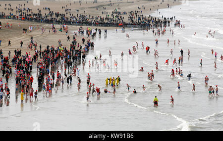 Scheveningen, Niederlande. 1 Jan, 2018. Tauchen Der traditionellen (Niuewjaarsduik) vor dem Kurhaus und der Seebrücke von Scheveningen. Credit: Kim Kaminski/Alamy leben Nachrichten Stockfoto