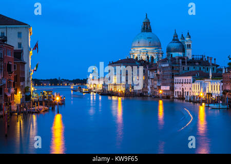 Basilica di Santa Maria della Salute und Punte della Dogana, Grand Canal Venedig, Venetien, Italien, an der Blauen Stunde, Dämmerung, Dämmerung, Abend, Stockfoto