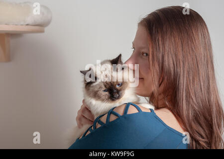 Junge Frau umarmte ihre Seal Point Birma Katze, 9 Monate alten Katze, Mann mit blauen Augen Stockfoto