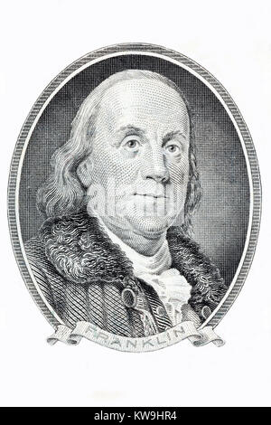 Benjamin Franklin Portrait auf weißem Hintergrund Stockfoto