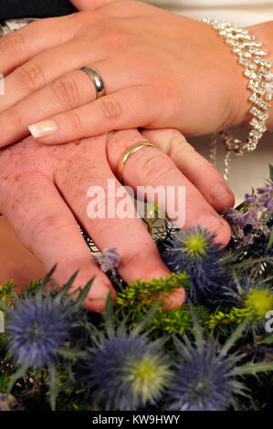 Die Hände einer Braut und Bräutigam Brautpaare zeigen ihre Hochzeit Ringe in Nahaufnahme. Brautpaar Hand in Hand mit Hochzeit Bands auf Anzeigen Stockfoto