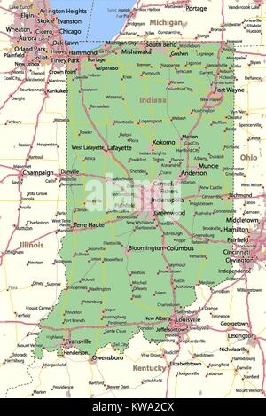 Karte von Indiana. Zeigt die Ländergrenzen, städtischen Gebieten, Ortsnamen, Straßen und Autobahnen. Projektion: Mercator. Stock Vektor