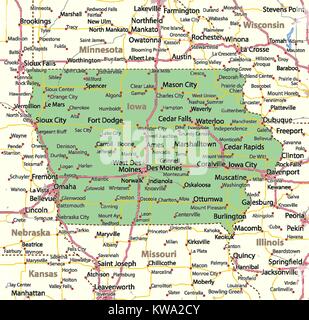 Karte von Iowa. Zeigt die Ländergrenzen, städtischen Gebieten, Ortsnamen, Straßen und Autobahnen. Projektion: Mercator. Stock Vektor