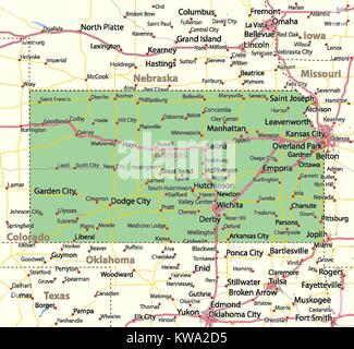 Karte von Kansas. Zeigt die Ländergrenzen, städtischen Gebieten, Ortsnamen, Straßen und Autobahnen. Projektion: Mercator. Stock Vektor