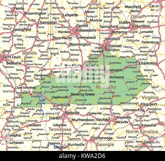 Karte von Kentucky. Zeigt die Ländergrenzen, städtischen Gebieten, Ortsnamen, Straßen und Autobahnen. Projektion: Mercator. Stock Vektor