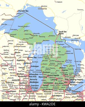 Karte von Michigan. Zeigt die Ländergrenzen, städtischen Gebieten, Ortsnamen, Straßen und Autobahnen. Projektion: Mercator. Stock Vektor