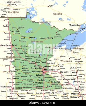 Karte von Minnesota. Zeigt die Ländergrenzen, städtischen Gebieten, Ortsnamen, Straßen und Autobahnen. Projektion: Mercator. Stock Vektor