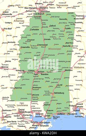 Karte von Mississippi. Zeigt die Ländergrenzen, städtischen Gebieten, Ortsnamen, Straßen und Autobahnen. Projektion: Mercator. Stock Vektor