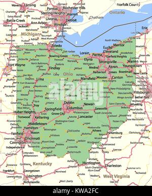 Karte von Ohio. Zeigt die Ländergrenzen, städtischen Gebieten, Ortsnamen, Straßen und Autobahnen. Projektion: Mercator. Stock Vektor