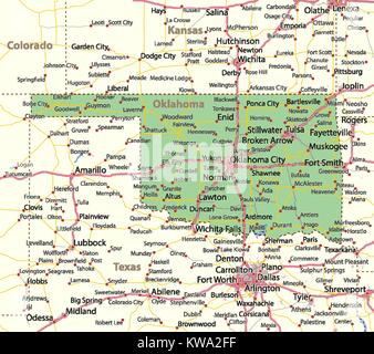 Karte von Oklahoma. Zeigt die Ländergrenzen, städtischen Gebieten, Ortsnamen, Straßen und Autobahnen. Projektion: Mercator. Stock Vektor