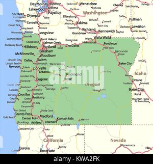 Karte von Oregon. Zeigt die Ländergrenzen, städtischen Gebieten, Ortsnamen, Straßen und Autobahnen. Projektion: Mercator. Stock Vektor