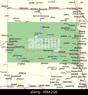 Karte von South Dakota. Zeigt die Ländergrenzen, städtischen Gebieten, Ortsnamen, Straßen und Autobahnen. Projektion: Mercator. Stock Vektor