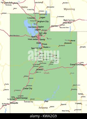 Karte von Utah. Zeigt die Ländergrenzen, städtischen Gebieten, Ortsnamen, Straßen und Autobahnen. Projektion: Mercator. Stock Vektor