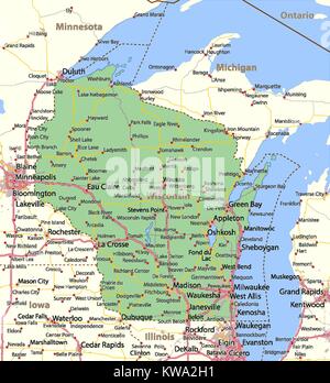 Karte von Wisconsin. Zeigt die Ländergrenzen, städtischen Gebieten, Ortsnamen, Straßen und Autobahnen. Projektion: Mercator. Stock Vektor