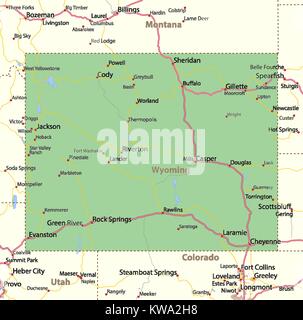 Karte von Wyoming. Zeigt die Ländergrenzen, städtischen Gebieten, Ortsnamen, Straßen und Autobahnen. Projektion: Mercator. Stock Vektor