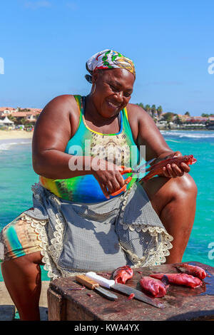 Lokale Frau ausnehmen und die Vorbereitung einer frischen Fang von Rotbarsch Fisch im Santa Maria Harbour, Salina Insel Sal, Kap Verde, Afrika Stockfoto