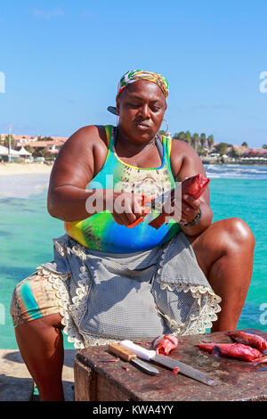 Lokale Frau von Santa Maria, Insel Sal, Salina, Kap Verde, Afrika ausnehmen und Vorbereitung frisch gefangenen Fisch Stockfoto