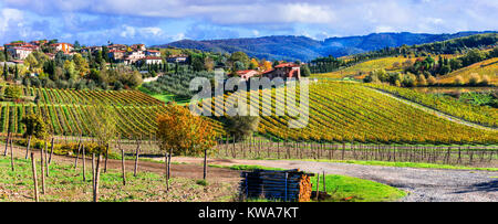 Beeindruckende Herbst Landschaft, Panoramaaussicht, Chianti, Toskana, Italien. Stockfoto