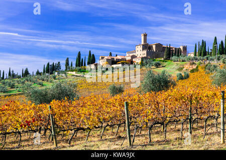 Beeindruckende Banfi schloss, Ansicht mit bunten Weinberge, In der Nähe von Montalcino, Toskana, Italien. Stockfoto