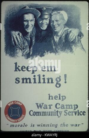 Poster aus dem Zweiten Weltkrieg ich Werbung, 'Keep'Em Lächeln! Hilfe Krieg Camp Community Service', 1918. Mit freundlicher Genehmigung der nationalen Archive. Stockfoto