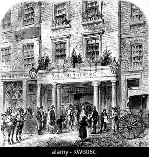 Gravur der Alten Adelphi Theatre, mit Masse von gut gekleideten Menschen im Viktorianischen Stil Kleidung im Freien, auf der Faser, Westminster, London, England, 1873. Mit freundlicher Genehmigung Internet Archive. Stockfoto