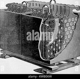 Abbildung: Schnittansicht eines Chlorid Druckspeicher, eine Art der frühen elektrischen Speicher Batterie, mit Metallplatten sichtbar, 1902. Mit freundlicher Genehmigung Internet Archive. Stockfoto
