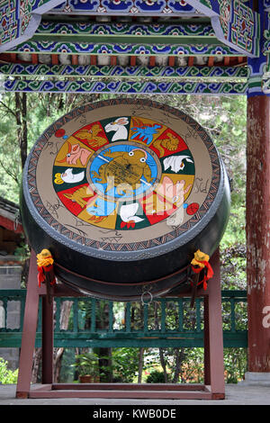 Big drum im buddhistischen Tempel in der Nähe Pagode auf dem Hügel in Lijiang, China Stockfoto