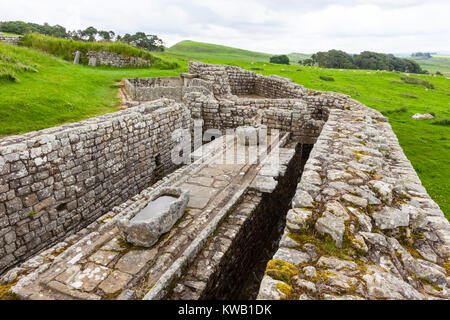 NORTHUMBERLAND, ENGLAND - Juli 7, 2012: Die Reste der Latrinen bei Housesteads Roman Fort, Teil der Hadrianswall in Northumberland, England. Stockfoto