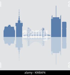 Silhouetten der Golden Gate, Hängebrücke und moderne Gebäude in den USA. Hohe Gebäude, Wolkenkratzer und Brücke. Stock Vektor