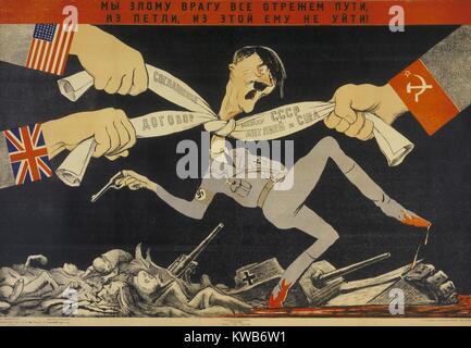 Sowjetischen Welt Krieg 2 Poster von Kukryniksy, 1942. "Wir alle Straßen an den bösen Feind, er wird nicht Flucht aus dieser Schlinge!" Plakat, Hitler durch Gewebe eingeschnürt gezogen wird eng durch Russische, britische und amerikanische Hände. (BSLOC 2014 8 52) Stockfoto
