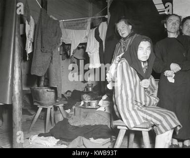 Befreiten Frauen in ihren Kasernen in ehemaligen NS-Gefangenenlager in Belsen, Deutschland. Die Frauen wurden Personen unter dem Schutz der britischen 2. Armee vertrieben. April 1945, Weltkrieg 2. (BSLOC 2014 10 178) Stockfoto
