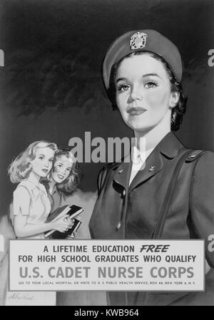 Einstellung Poster mit US-Cadet Krankenschwester, und zwei High School Mädchen bewundern Sie. Es bietet eine "lebenslange Bildung kostenlos für Abiturienten, die qualifizieren.' 1945. Weltkrieg 2. (BSLOC 2014 10 193) Stockfoto