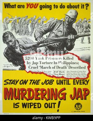 Us-Weltkrieg 2 Propaganda Poster Reaktion auf japanische Brutalität zu Kriegsgefangenen. Mit Schlagzeilen und Bildern schildert POW using. Es lautet: "Was werden Sie tun?-- Bleiben Sie auf dem Job, bis jede Ermordung Jap ausgelöscht!" (BSLOC 2014 10 96) Stockfoto