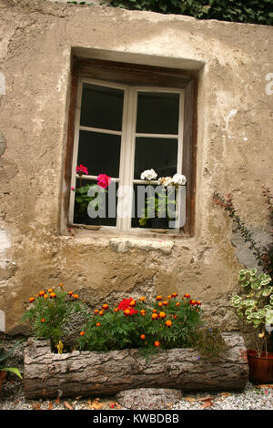 Fenster und altes Haus Außenwand mit pflanzten Blumen dekoriert, Österreich Stockfoto