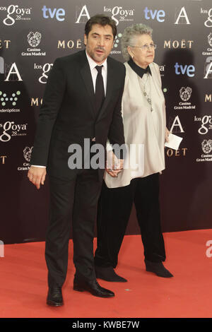 MADRID, Spanien - 09 Februar: Carlos Bardem (Javier Bardem's Bruder) und Freundin Celia Ges Goya Kino Awards 2014 im Centro de Congresos Principe Felipe am 9. Februar in Madrid 2014 besucht, Spanien Personen: Javier Bardem Pilar BARDEM Stockfoto