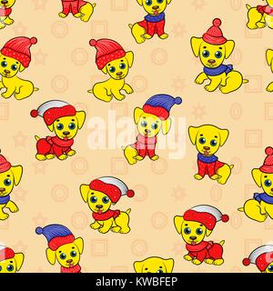 Nahtlose cartoon Kid vector Pattern mit lustigen kleinen Hunde in Santa Kleidung, beigen Hintergrund können separat verwendet werden. Stock Vektor