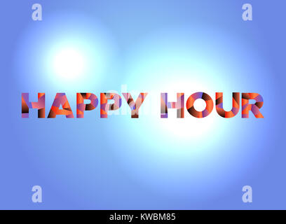 Die Worte, die HAPPY HOUR in der bunten fragmentierten Wort Kunst, der auf einer lebhaften Hintergrund geschrieben. Vector EPS 10 zur Verfügung. Stockfoto