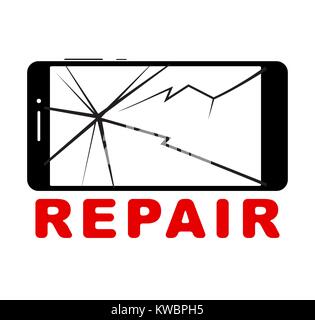 Gebrochene Smartphone mit gecrackten Touchscreen, Handy flat Symbol Piktogramm mit Bildunterschrift reparieren. Stock Vektor