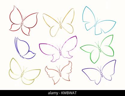Satz von neun Schmetterling voller Farbe vektor Kontur Silhouetten. Stock Vektor