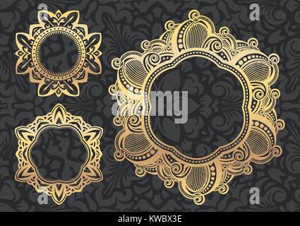 Drei ungewöhnliche Vintage lace Gold runden Rahmen auf einem eleganten schwarzen und grauen floralen Muster. Vector Illustration. Stock Vektor