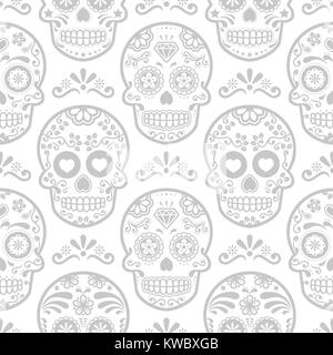 Mexikanische Sugar Skull Vektor nahtlose Muster, Halloween Candy Hintergrund Schädel, Tag der Toten Feier Stock Vektor