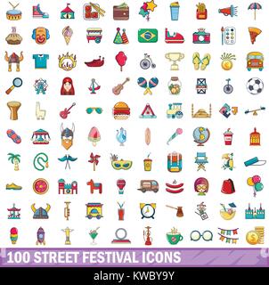 100 Straße Festival Icons Set, Cartoon-Stil Stock Vektor