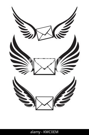 Drei Paar Flügel mit Umschlägen für Ihr Logo oder Design. Stock Vektor