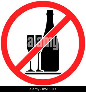Verbotsschild Symbol kein Alkohol trinken mit der Flasche und ein paar Weingläser Vector Illustration Stock Vektor