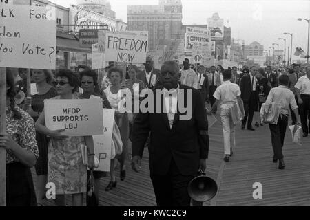 Afroamerikanische und weiße Mississippi Freiheit demokratische Partei Demonstranten. Auf der Promenade in Atlantic City, Website der 1964 Democratic Convention Demonstranten tragen Schilder mit der Aufschrift "Freedom now" und "MFDP unterstützt LBJ". 8. August 1964. (BSLOC 2015 2 212) Stockfoto