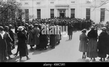 Die öffentliche Hand in der Schlange mit dem Präsidenten Warren Harding zu schütteln, Ca. 1921-23. First Lady Florence Harding eröffnet das Weiße Haus zum ersten Mal der Öffentlichkeit seit April 1917. Einige Rasenflächen und andere Bereiche auf der Anlage waren als auch für die Öffentlichkeit zugänglich. (BSLOC 2015 15 86) Stockfoto